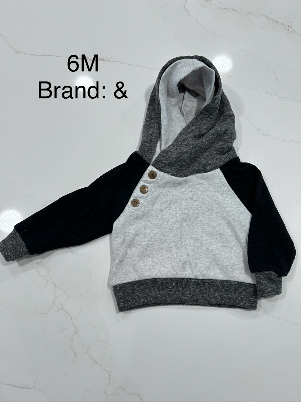 Baby Gray and Black Hooded Pullover - 6M
